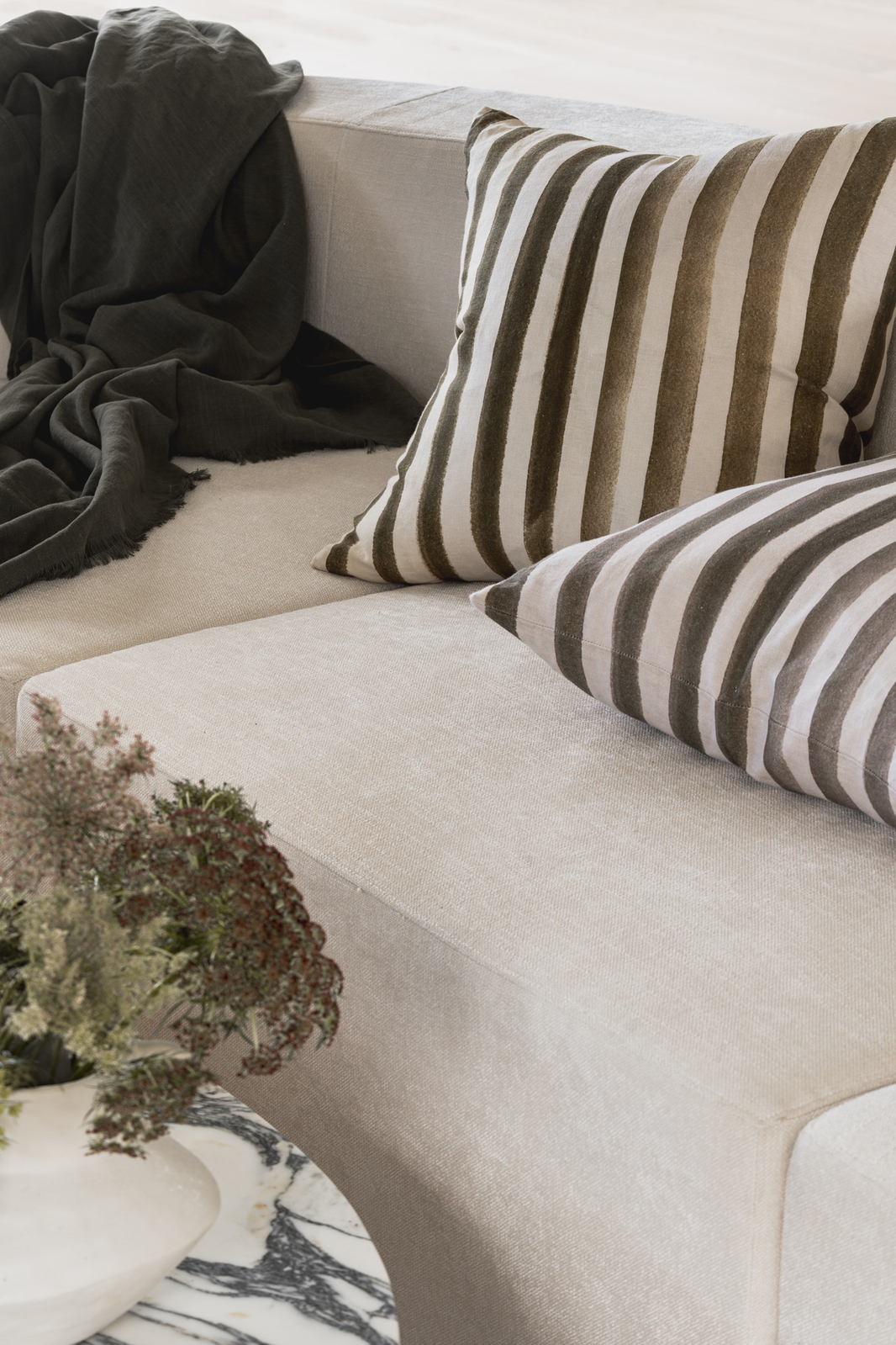 Rumi Striped Olive Green Linen Cushion - 50X50cm