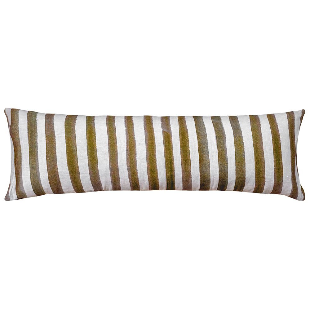 Ziggy Striped Olive Green Long Lumbar Linen Cushion - 90X30cm